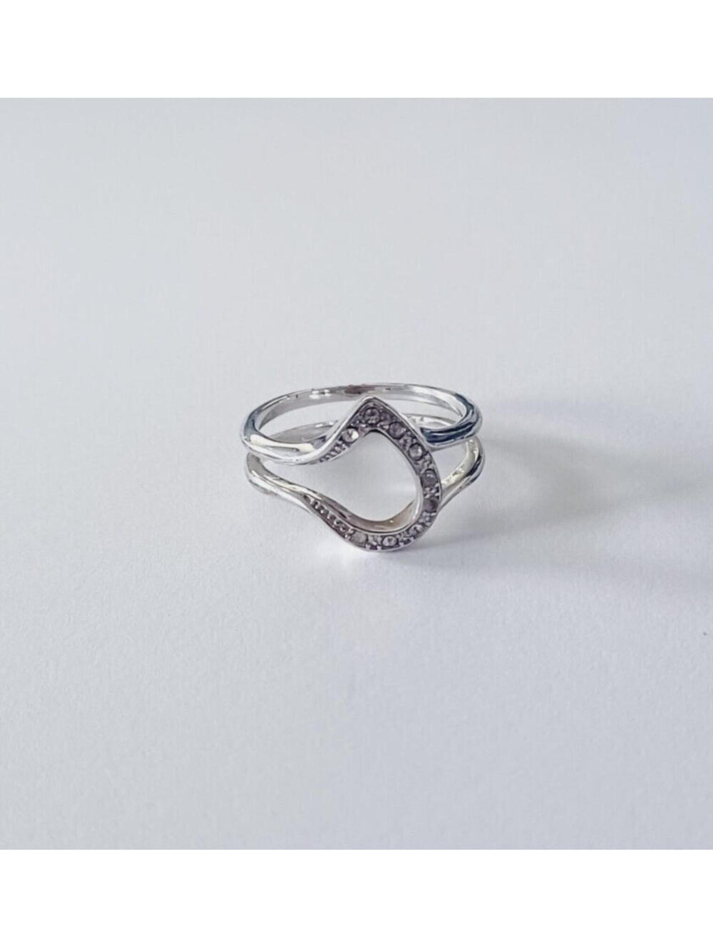 Silver Tone Clear Rhinestone Edged Openside Teardrop Ring Size 7.5